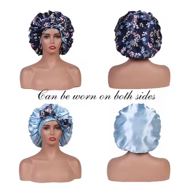 Satin Bonnet - Reversible All-Over Floral Print with Wrap Tie